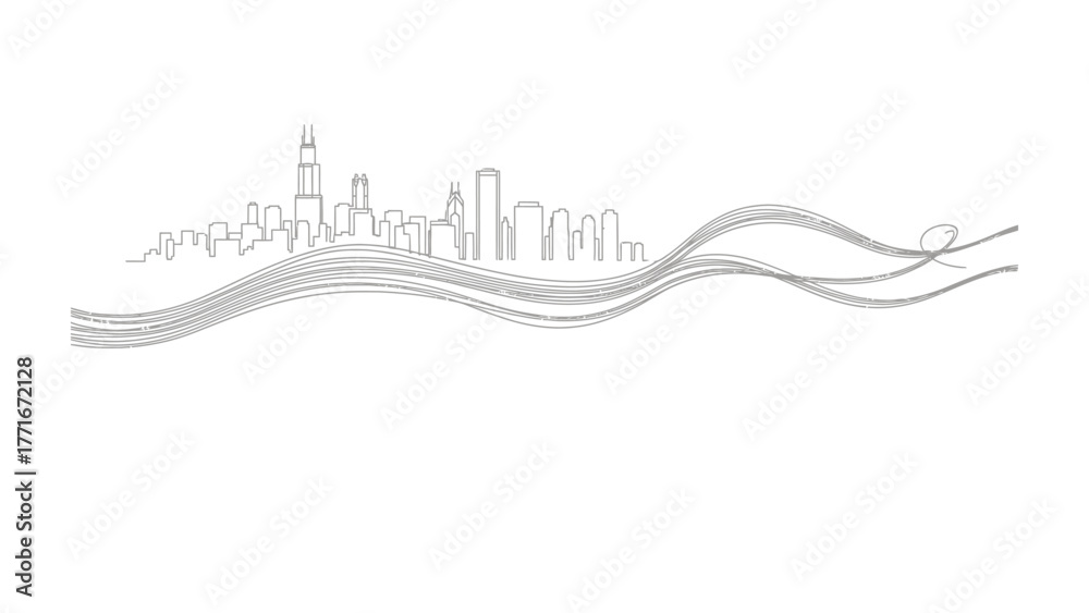 Obraz premium Cityscape Abstract Design: A minimalist skyline, sketched in flowing lines, captures the essence of an urban landscape, evoking a sense of modern dynamism and architectural harmony.