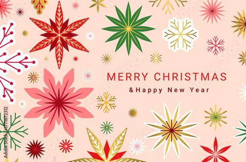 Merry Christmas & Happy New Year banner design. Greeting card template with geometric snowflakes, stars pattern. Red, green, pink, purple and gold colored EPS 10 vector ornate background