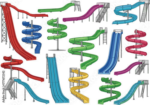 Water slides, colorful amusement park icons, spiral slide, straight slide, multi-lane slide, tube slide, pool attraction, vector set, recreation, outdoor, fun, design
