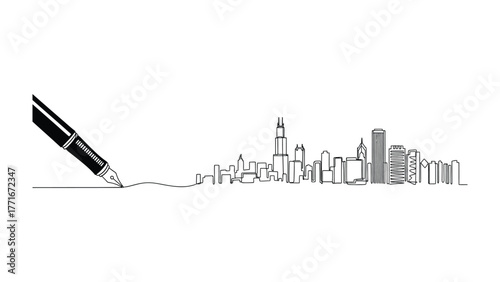 Skyline Sketch with Pen: A sleek pen elegantly etches the cityscape with a single stroke, showcasing the architectural forms. A testament to artistic expression and urban essence.