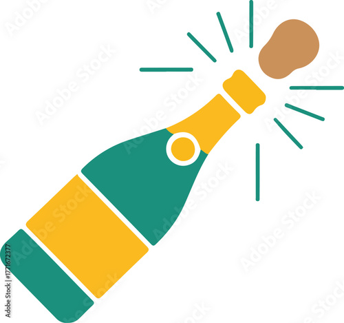 Popping champagne bottle icon, Colorful illustration of a champagne bottle being opened, with the cork popping and bubbles or spark lines bursting out. The image symbolizes celebration, parties, New 
