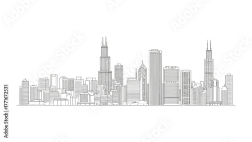 Cityscape Silhouette: An architectural line drawing, presenting a minimalist outline of a modern cityscape, showcasing a dynamic mix of skyscrapers and buildings. 