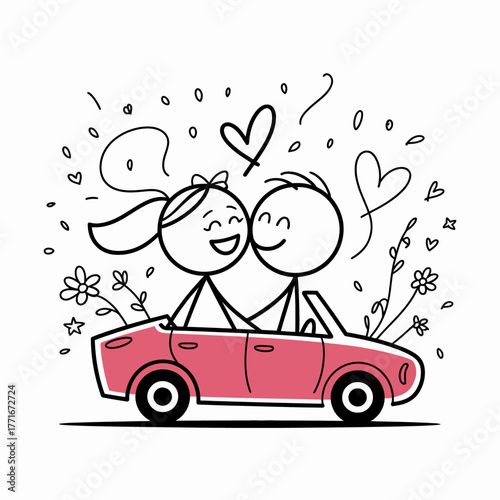 Love Ride: A couple of simple stick figures share a tender moment in a red car, surrounded by hearts and flowers, symbolizing the blossoming of love and a journey of togetherness.