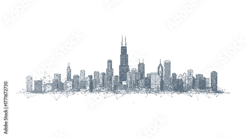 Cityscape Skyline Drawing: A detailed pen and ink drawing captures the essence of a bustling urban skyline, showcasing a collection of iconic buildings and skyscrapers against a clear sky. 