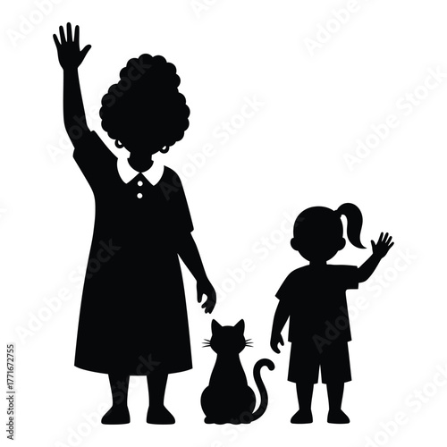Joyful family silhouette waving hello grandma child pet cat cheerful greeting togetherness moment warmth happiness connection silhouette