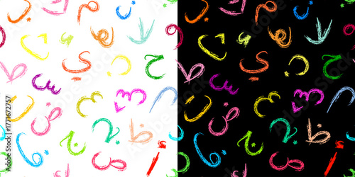 Seamless pattern of Arabic alphabet in kids doodle style. Hand drawn colorful letters made with wax crayons on black and white background