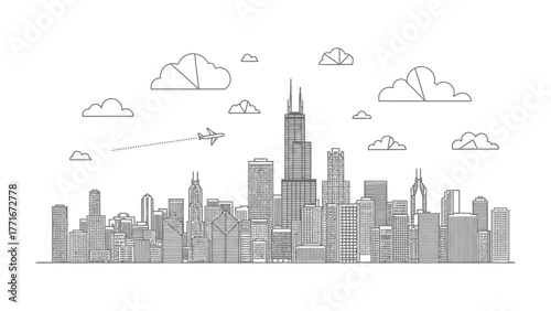 Urban Horizon: A meticulously drawn city skyline showcases iconic architecture, punctuated by clouds, and a soaring aircraft. 