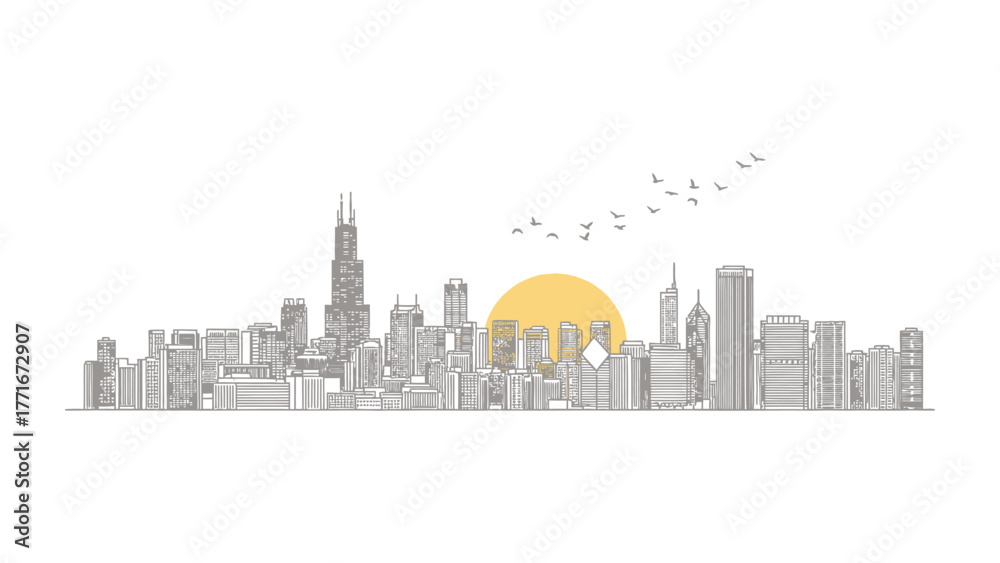 Naklejka premium Cityscape Skyline: A minimalist outline of a modern city's skyline, featuring skyscrapers, structures, and a vibrant sunset, evoking a sense of urban beauty and architectural grandeur.