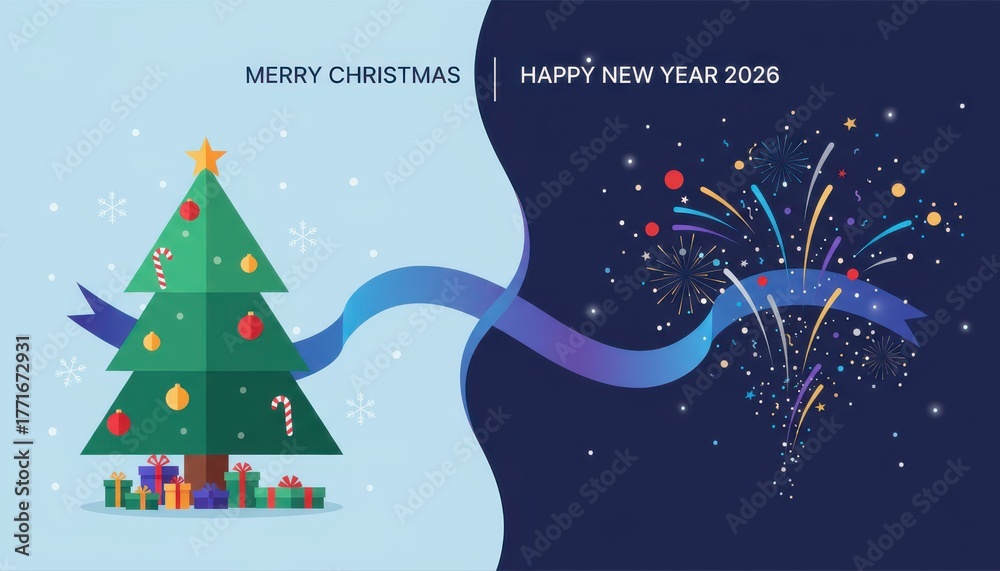 Fototapeta premium Celebrate joyous holiday season with festive Christmas tree and vibrant New Year fireworks, wishing everyone merry holidays and happy upcoming year