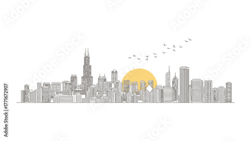 Cityscape Skyline: A minimalist outline of a modern city's skyline, featuring skyscrapers, structures, and a vibrant sunset, evoking a sense of urban beauty and architectural grandeur.