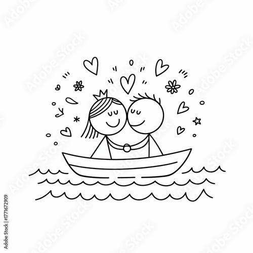 Love's Journey: A sweet, hand-drawn illustration captures a tender moment as a stick couple embarks on a shared adventure in a boat, surrounded by symbols of affection.