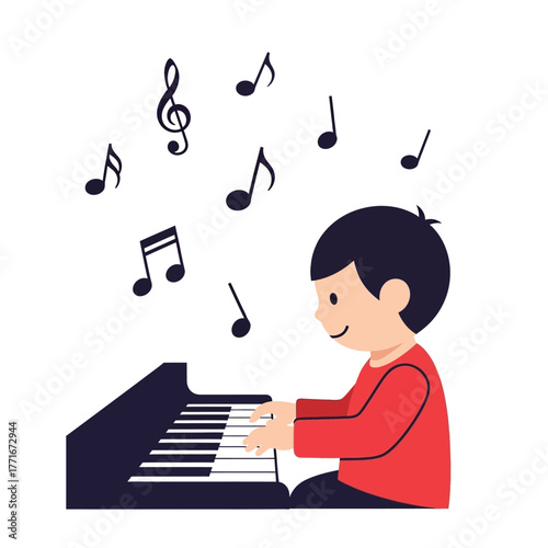 Boy Playing Piano, Music Notes, Cartoon Illustration