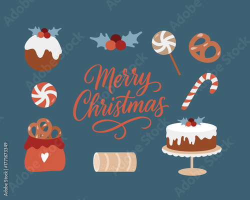 Lettering Merry Christmas and New Years attributes. Hand-drawn winter holiday decor clip art. Christmas sweets, cakes, pastries, candies, and biscuits. Flat illustration isolated on a dark blue
