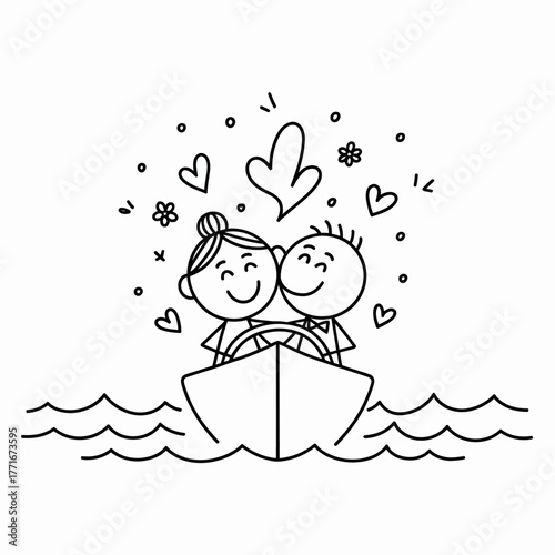 Romantic Voyage: Charming stick figures navigate a ship through a sea of hearts and smiles. A whimsical portrayal of love and adventure.