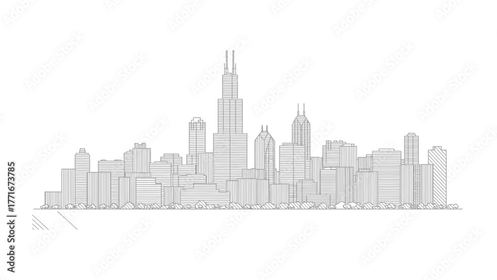 Fototapeta premium Chicago Skyline Silhouette: A clean silhouette of the Chicago skyline, showcasing the city's architectural grandeur and urban landscape against the sky.