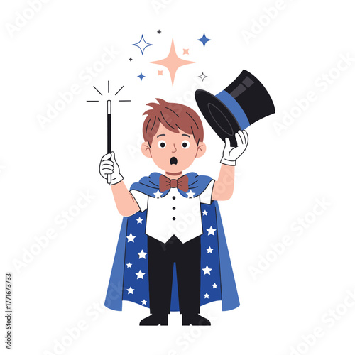 Magician Boy with Wand and Hat, Cartoon Magic Show