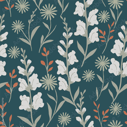 Hand drawn summer floral background. Monochrome illustration. Silhouettes. Endless design for printing and decoration. Repeatable botanical backdrop. 