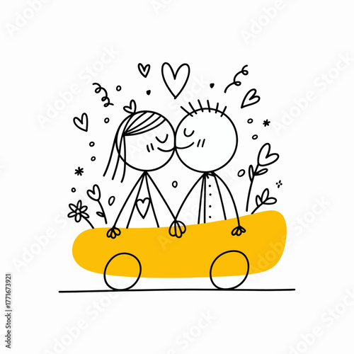 Love's Journey: A sweet moment of connection captured in a simple yet heartwarming doodle. Two stick figures share a tender kiss while traveling, expressing the joy of love and togetherness.