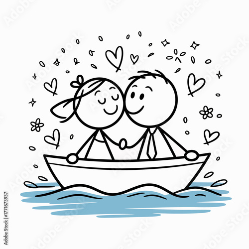 Love Afloat: A tender embrace unfolds between a couple, sailing serenely on a boat surrounded by hearts and flowers, symbolizing a journey of love and togetherness.