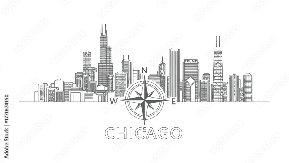 Obraz premium Chicago Cityscape: The iconic Chicago skyline, rendered in a modern line art style, showcases the city's impressive architecture. The composition incorporates a compass rose.