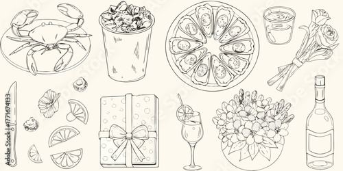 A delightful collection of hand drawn illustrations featuring seafood oysters crab a bottle of wine a gift and floral arrangements