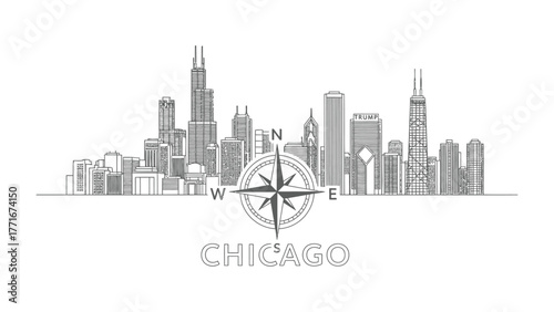 Chicago Cityscape: The iconic Chicago skyline, rendered in a modern line art style, showcases the city's impressive architecture. The composition incorporates a compass rose.