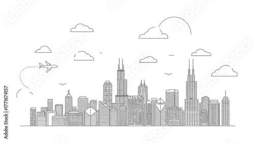 Chicago Skyline Outline: Captivating an architectural outline of the iconic Chicago skyline against a serene sky, featuring distinguished buildings, a soaring plane, and cloud formations.