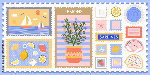 Collection of whimsical postage stamps featuring lemons sailing boats fruit and sea life in a playful illustration style