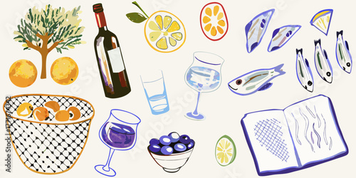 A vibrant watercolor illustration of a mediterranean still life with wine fruit fish and a book