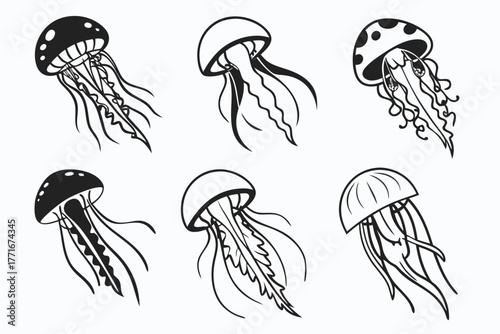 Minimalist jellyfish drifting icon set