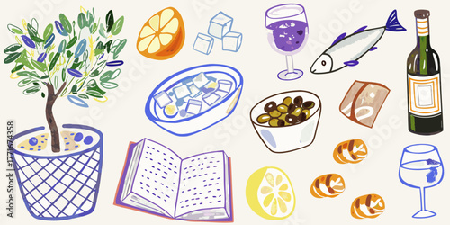 A whimsical collection of food and drink items including olives wine fish and fruit with a potted plant and book