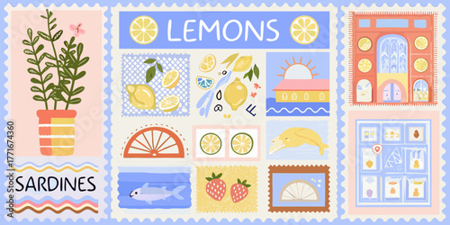 Whimsical stamp collection featuring lemons sardines strawberries and coastal elements