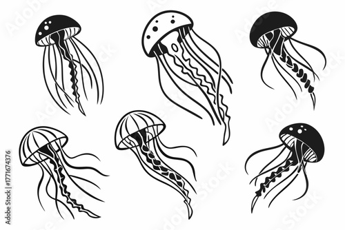Minimalist jellyfish drifting icon set