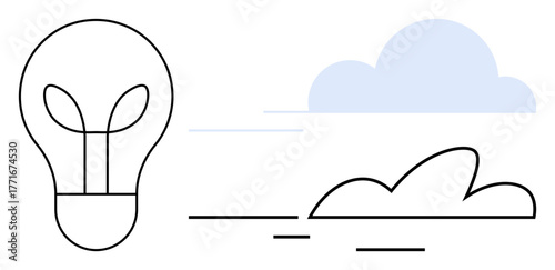 Light bulb symbolizing ideas and sustainability beside minimalist clouds. Ideal for innovation, eco-consciousness, creativity, clean energy, environment, branding, and modernity. Simple flat metaphor