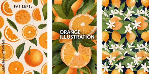 Vibrant citrus fruit collection featuring oranges and orange blossoms in artistic illustrations