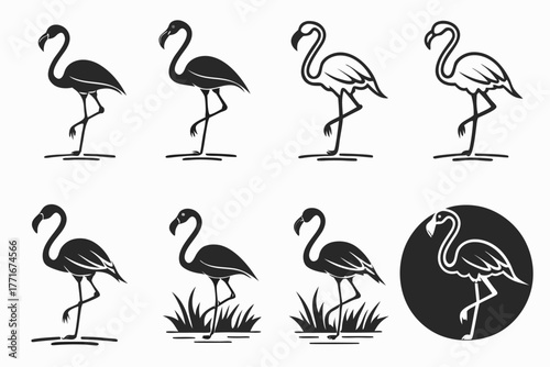 Minimalist flamingo standing icon set