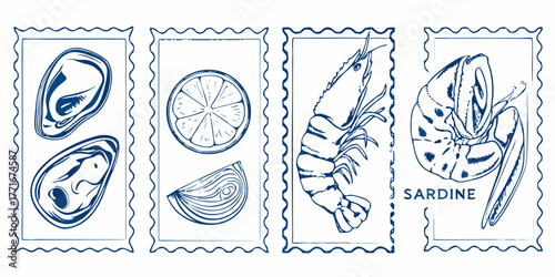 Hand drawn blue ink illustrations of seafood and citrus in decorative frames resembling postage stamps