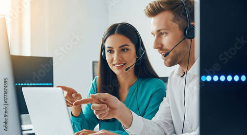 Customer Service Team Collaborating On Laptop With Headsets In A Bright Modern Office Environment
