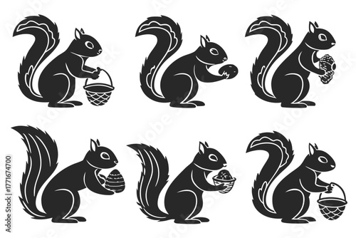 Forest squirrel gathering nuts icon set