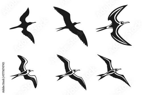 Minimalist frigatebird icon set in flight