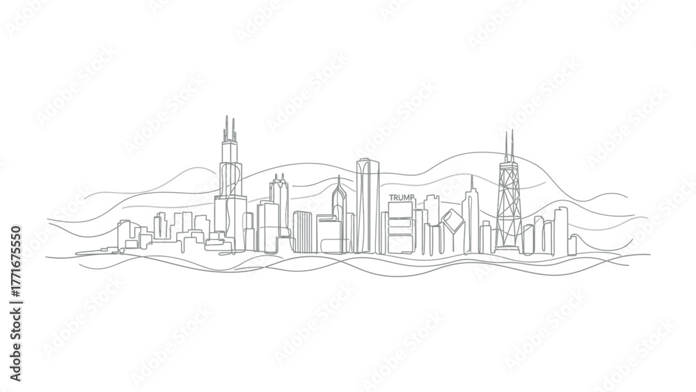 Fototapeta premium Urban Skyline Silhouette: An artistic line drawing depicts a sprawling city skyline, portraying an intricate array of architectural elements and capturing the essence of a modern urban landscape.