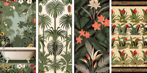 Tropical jungle and botanical garden wallpaper designs with a vintage clawfoot bathtub