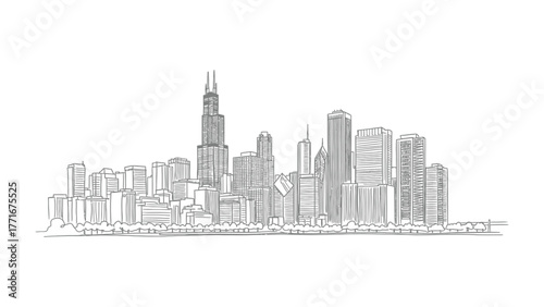 Cityscape Silhouette: A detailed pen and ink depiction of a bustling metropolis, the skyline dominated by iconic skyscrapers, conveying a sense of urban dynamism and architectural prowess.