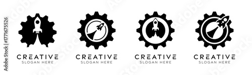 Set of rocket gear logo design templates. Modern isolated rocket gear design for manufacturing, engineering, and innovation.