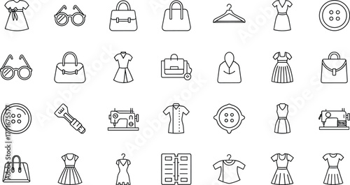 Clothing, Accessories, and Sewing Tools Outline Icons Vector Collection