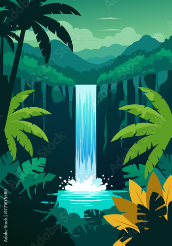 Serene illustration of a cascading waterfall in a lush tropical jungle paradise with palm trees and mountains in the background, bb.eps style