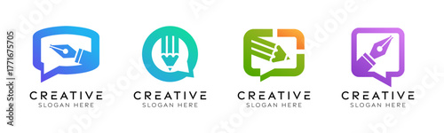 Set of writing speech bubbles logo design templates. Modern isolated speech bubbles with pencil or pen design for communication, creativity and education.