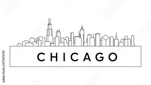 Chicago Skyline Silhouette: A clean, minimalist line drawing presents the iconic skyline of Chicago, a symbol of urban architecture. A visual of city skyline silhouette.