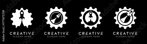 Set of rocket gear logo design templates. Modern isolated rocket gear design for manufacturing, engineering, and innovation.