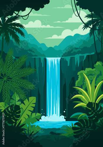 Beautiful landscape of a waterfall cascading through a dense, lush tropical jungle with vibrant green foliage, vector art illustration